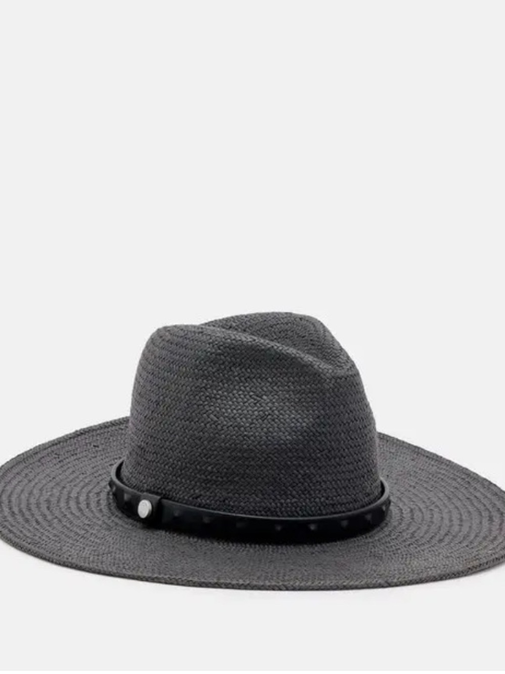AllSaints Lara Studded Straw Fedora Hat Black Pyramid Studs